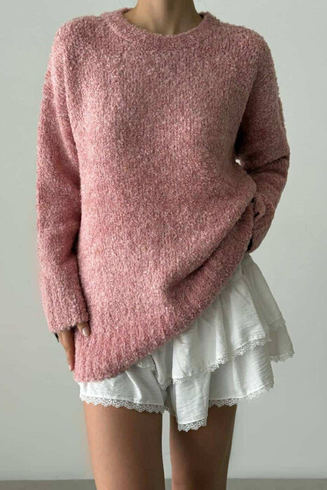 ONE COLOR ROUND NECK KNITTED WOMEN SWEATER POWDER/PUDER - 2