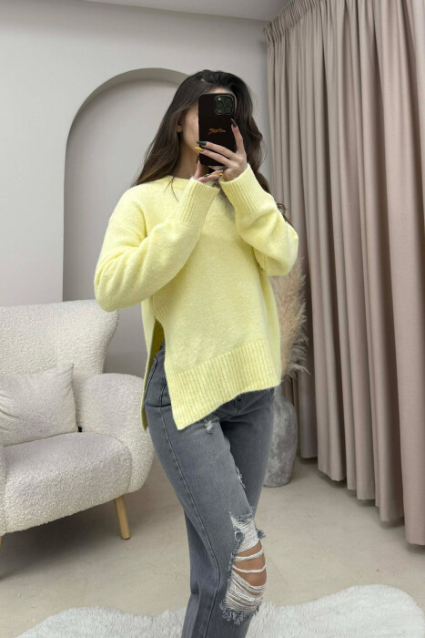 ONE COLOR ROUND NECK KNITTED WOMEN SWEATER YELLOW/E VERDHE - 2