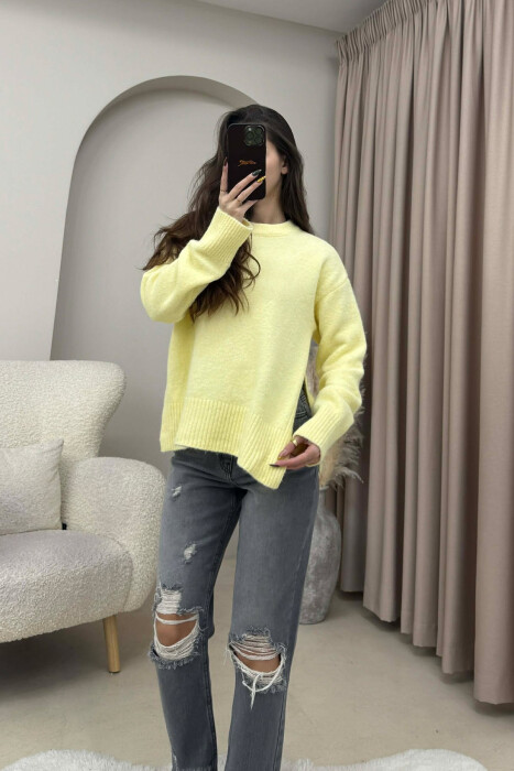 ONE COLOR ROUND NECK KNITTED WOMEN SWEATER YELLOW/E VERDHE - 3