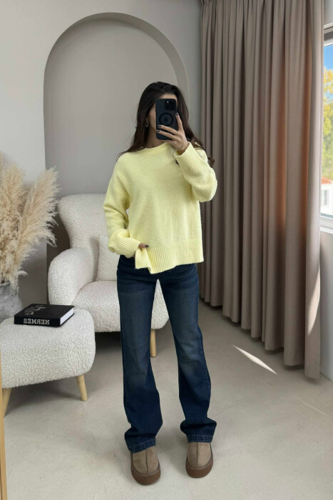 ONE COLOR ROUND NECK KNITTED WOMEN SWEATER YELLOW/E VERDHE - 5