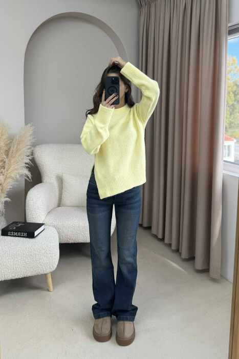 ONE COLOR ROUND NECK KNITTED WOMEN SWEATER YELLOW/E VERDHE - 7
