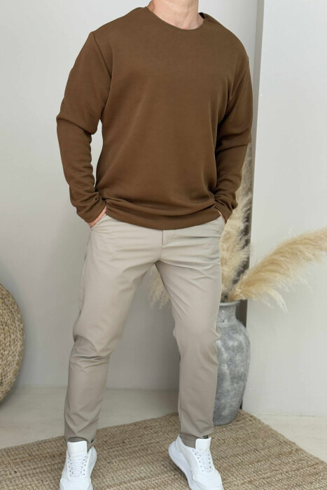 ONE COLOR ROUND NECK MEN SWEATSHIRT BROWN/KAFE 