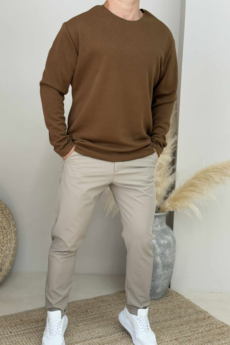 ONE COLOR ROUND NECK MEN SWEATSHIRT BROWN/KAFE - 1