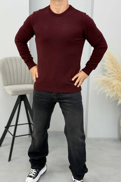 ONE COLOR ROUND NECK MEN SWEATER BURGUNDY/VISHNJE - 1