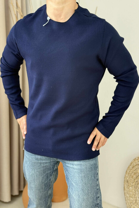 ONE COLOR ROUND NECK MEN SWEATER DARK BLUE/BEE - 4