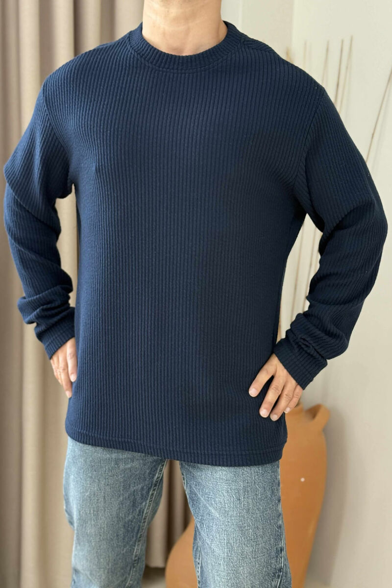 ONE COLOR ROUND NECK MEN SWEATER DARK BLUE/BEE - 3
