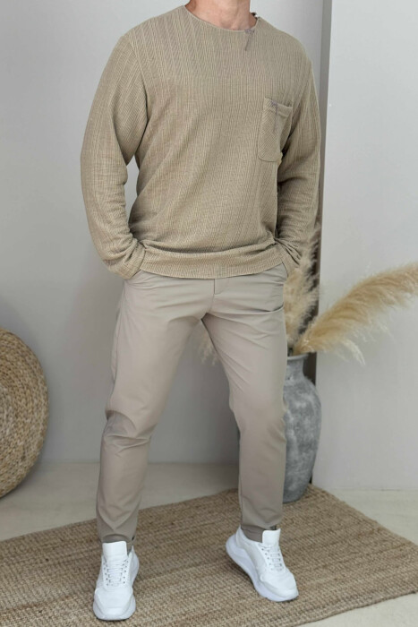 ONE COLOR ROUND NECK POCKET DETAIL MEN SWEATER BEIGE/BEZHE 