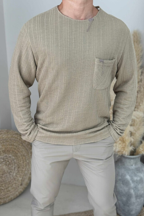 ONE COLOR ROUND NECK POCKET DETAIL MEN SWEATER BEIGE/BEZHE - 3