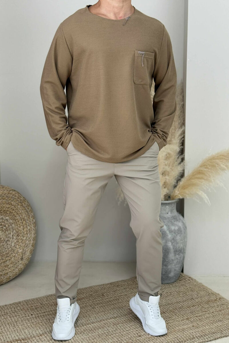 ONE COLOR ROUND NECK POCKET DETAIL MEN SWEATER BROWN/KAFE - 1