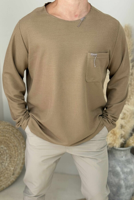 ONE COLOR ROUND NECK POCKET DETAIL MEN SWEATER BROWN/KAFE - 3
