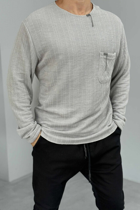 ONE COLOR ROUND NECK POCKET DETAIL MEN SWEATER GREY/GRI - KLAUDIO FASHION