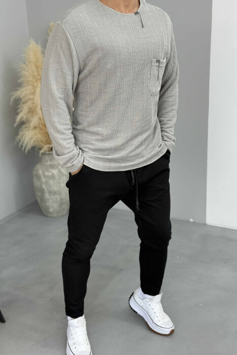 ONE COLOR ROUND NECK POCKET DETAIL MEN SWEATER GREY/GRI - 1