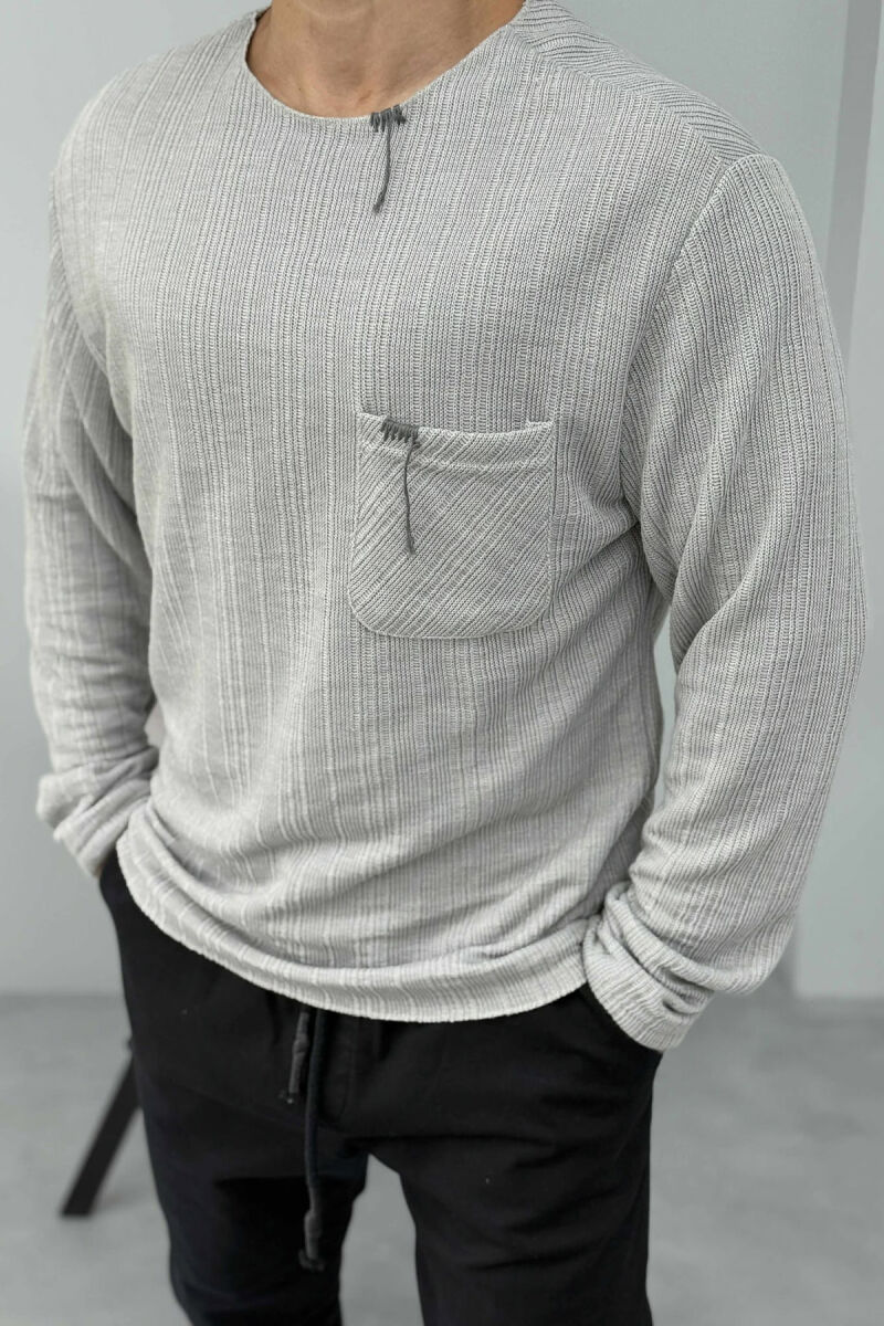 ONE COLOR ROUND NECK POCKET DETAIL MEN SWEATER GREY/GRI - 3