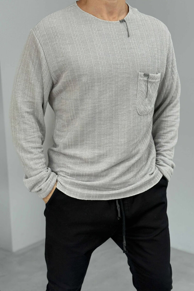 ONE COLOR ROUND NECK POCKET DETAIL MEN SWEATER GREY/GRI - 4