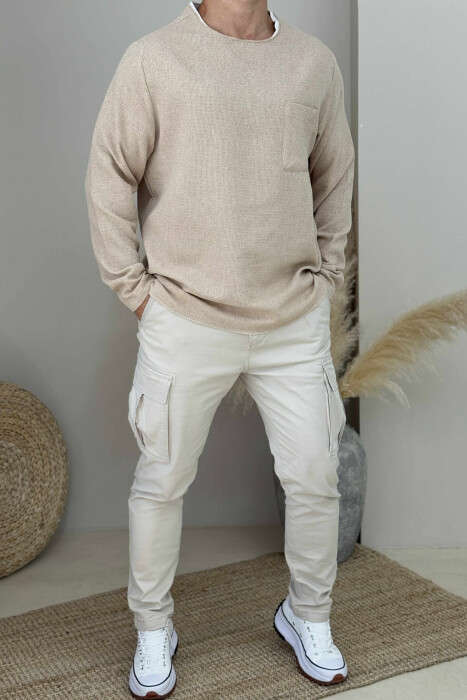ONE COLOR ROUND NECK POCKET DETAIL MEN SWEATSHIRT BEIGE/BEZHE - KLAUDIO FASHION