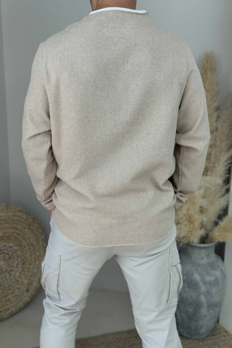 ONE COLOR ROUND NECK POCKET DETAIL MEN SWEATSHIRT BEIGE/BEZHE - 2