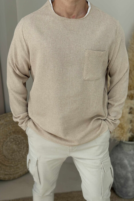 ONE COLOR ROUND NECK POCKET DETAIL MEN SWEATSHIRT BEIGE/BEZHE - 3