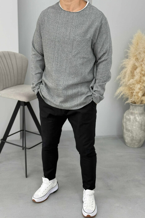 ONE COLOR ROUND NECK POCKET DETAIL MEN SWEATSHIRT GREY/GRI - 1