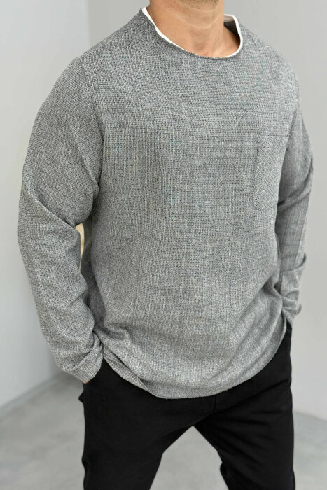 ONE COLOR ROUND NECK POCKET DETAIL MEN SWEATSHIRT GREY/GRI - 3
