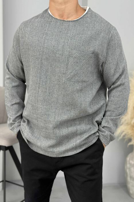 ONE COLOR ROUND NECK POCKET DETAIL MEN SWEATSHIRT GREY/GRI - 4