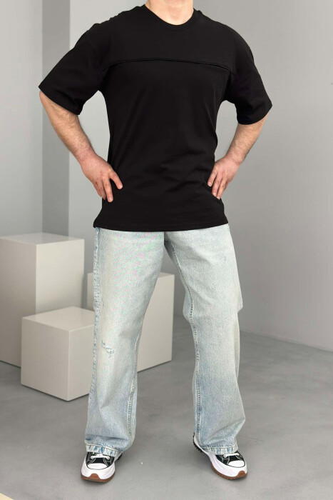 ONE COLOR ROUND NECK POCKET DETAIL MEN T-SHIRT BLACK/ E ZEZE - 2