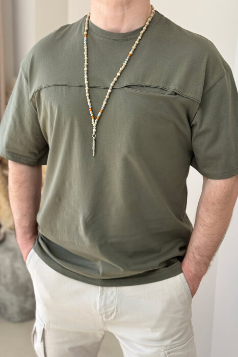 ONE COLOR ROUND NECK POCKET DETAIL MEN T-SHIRT OLIVE/ULLI - 3