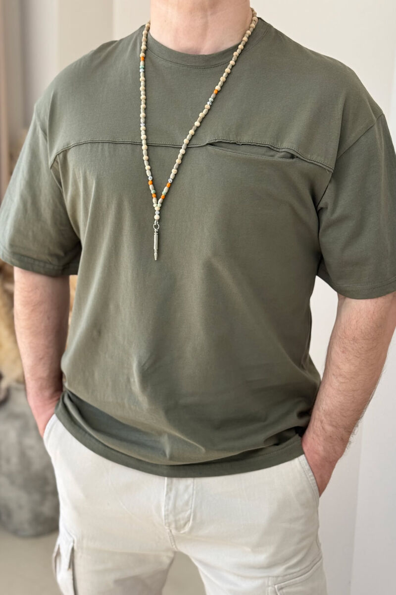 ONE COLOR ROUND NECK POCKET DETAIL MEN T-SHIRT OLIVE/ULLI - 3