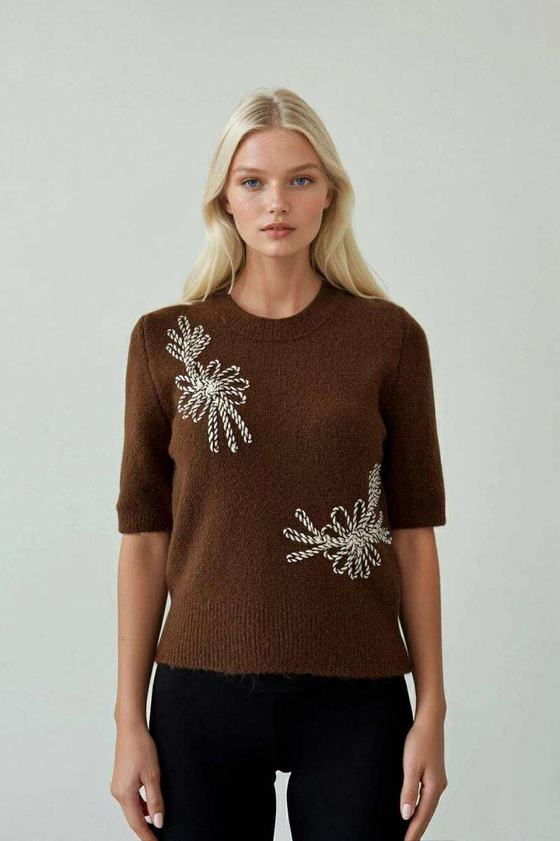 ONE COLOR ROUND NECK SHORT SLEEVE WOMEN SWEATER BROWN/KAFE - 1