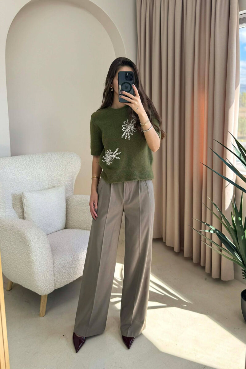 ONE COLOR ROUND NECK SHORT SLEEVE WOMEN SWEATER GREEN/JESHILE - 1