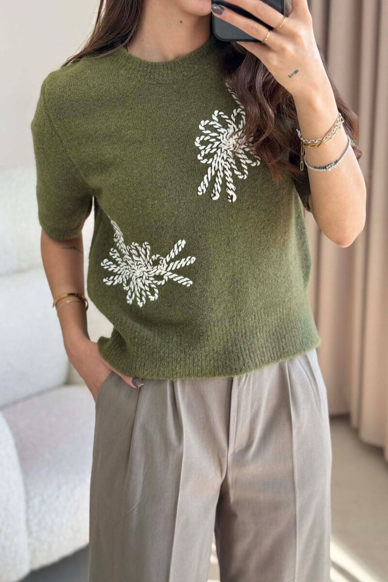 ONE COLOR ROUND NECK SHORT SLEEVE WOMEN SWEATER GREEN/JESHILE - 2