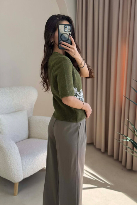 ONE COLOR ROUND NECK SHORT SLEEVE WOMEN SWEATER GREEN/JESHILE - 3