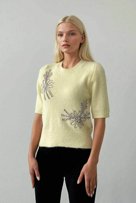 ONE COLOR ROUND NECK SHORT SLEEVE WOMEN SWEATER YELLOW/E VERDHE 