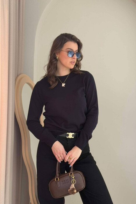 ONE COLOR ROUND NECK SIMPLE WOMEN SWEATER DARK BLUE/BEE - 1