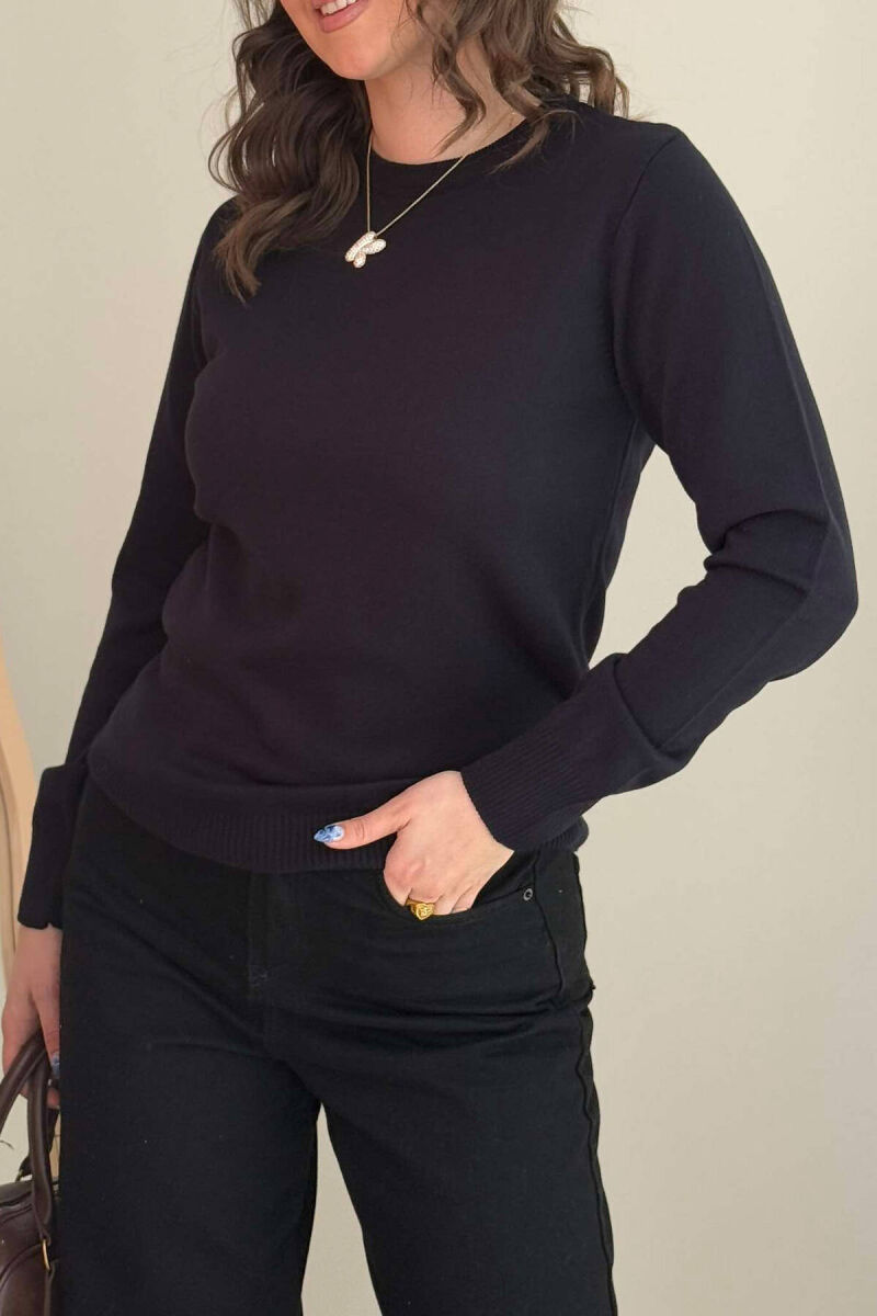 ONE COLOR ROUND NECK SIMPLE WOMEN SWEATER DARK BLUE/BEE - 2