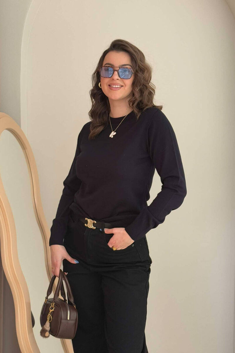 ONE COLOR ROUND NECK SIMPLE WOMEN SWEATER DARK BLUE/BEE - 4