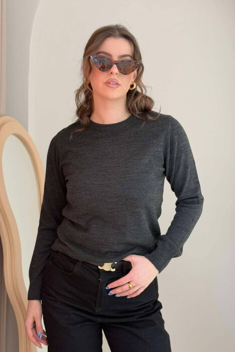 ONE COLOR ROUND NECK SIMPLE WOMEN SWEATER DARK GREY/GEE - 1