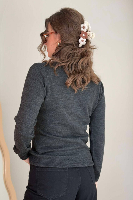 ONE COLOR ROUND NECK SIMPLE WOMEN SWEATER DARK GREY/GEE - 4
