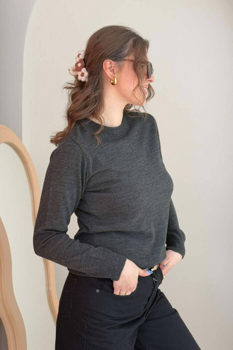 ONE COLOR ROUND NECK SIMPLE WOMEN SWEATER DARK GREY/GEE - 6