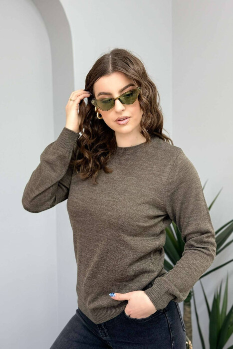 ONE COLOR ROUND NECK SIMPLE WOMEN SWEATER LIGHT BROWN/KAZB 