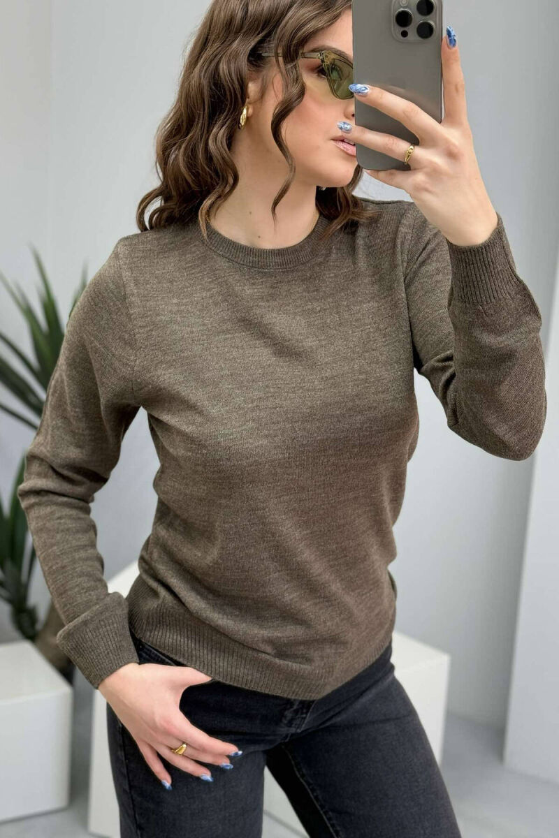 ONE COLOR ROUND NECK SIMPLE WOMEN SWEATER LIGHT BROWN/KAZB - 6