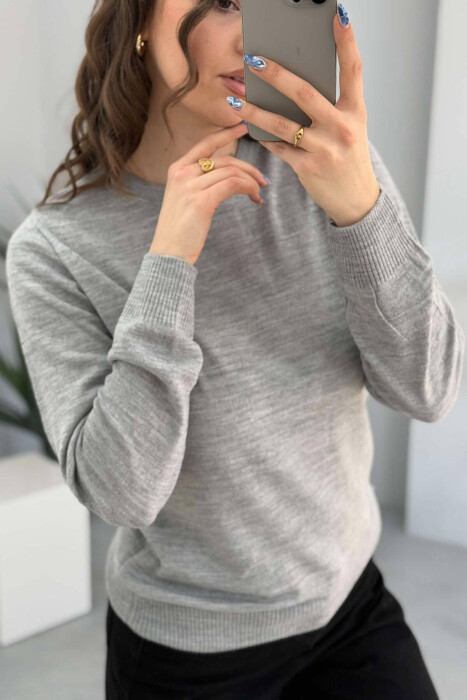 ONE COLOR ROUND NECK SIMPLE WOMEN SWEATER LIGHT GREY/GZ - 2