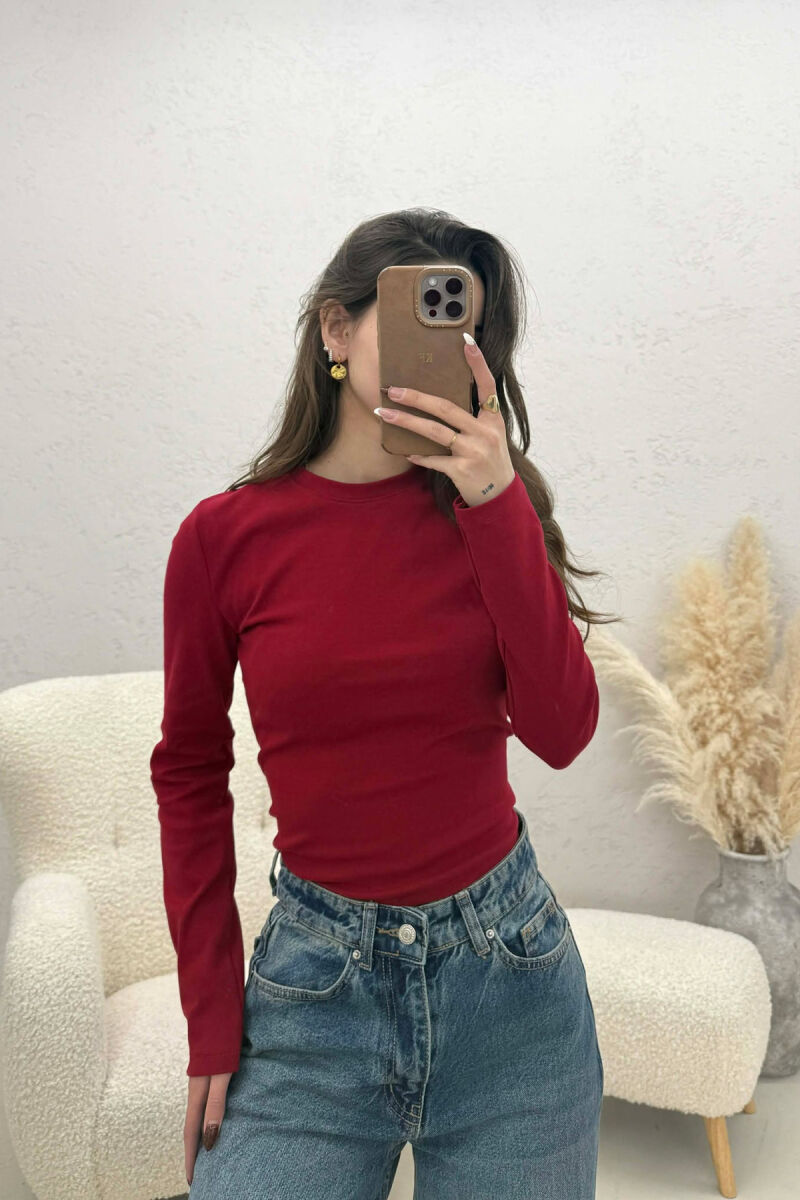 ONE COLOR ROUND NECK SIMPLE WOMAN SWEATSHIRT BURGUNDY/VISHNJE - 1