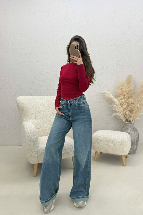 ONE COLOR ROUND NECK SIMPLE WOMAN SWEATSHIRT BURGUNDY/VISHNJE - 2