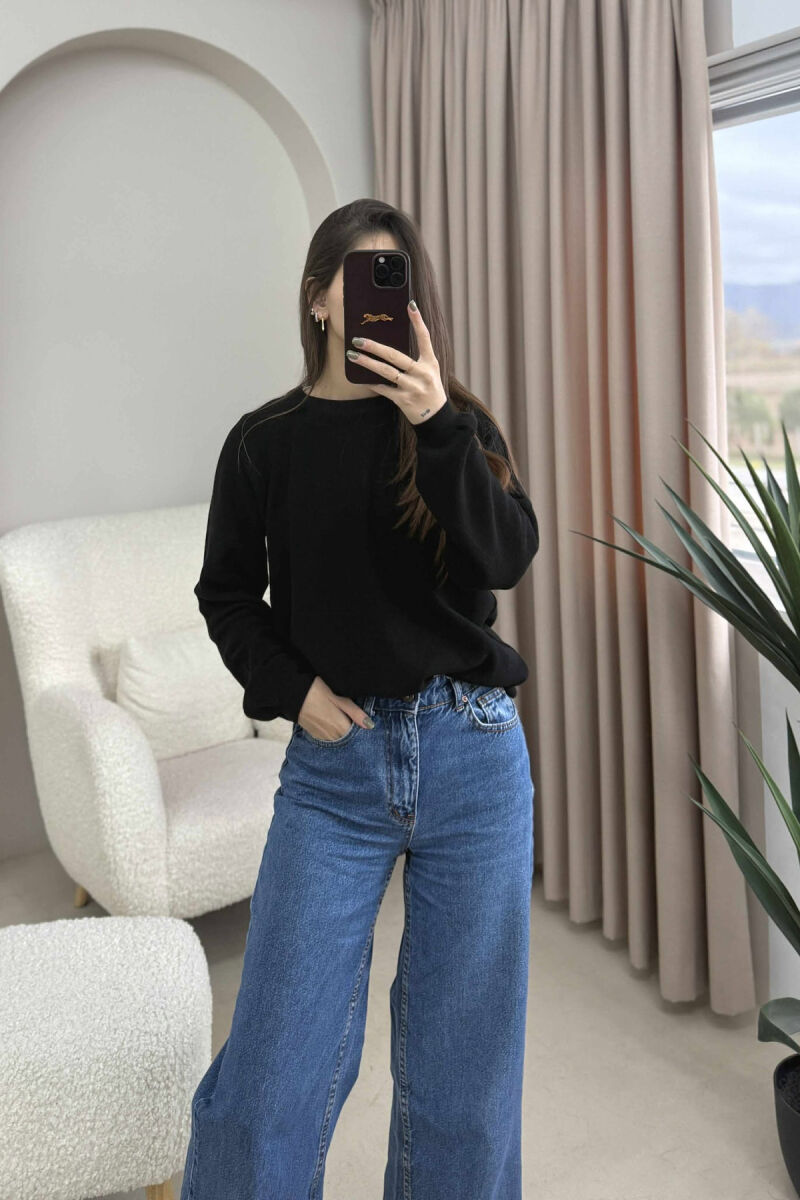 ONE COLOR ROUND NECK SIMPLE WOMEN SWEATER BLACK/ E ZEZE - 1