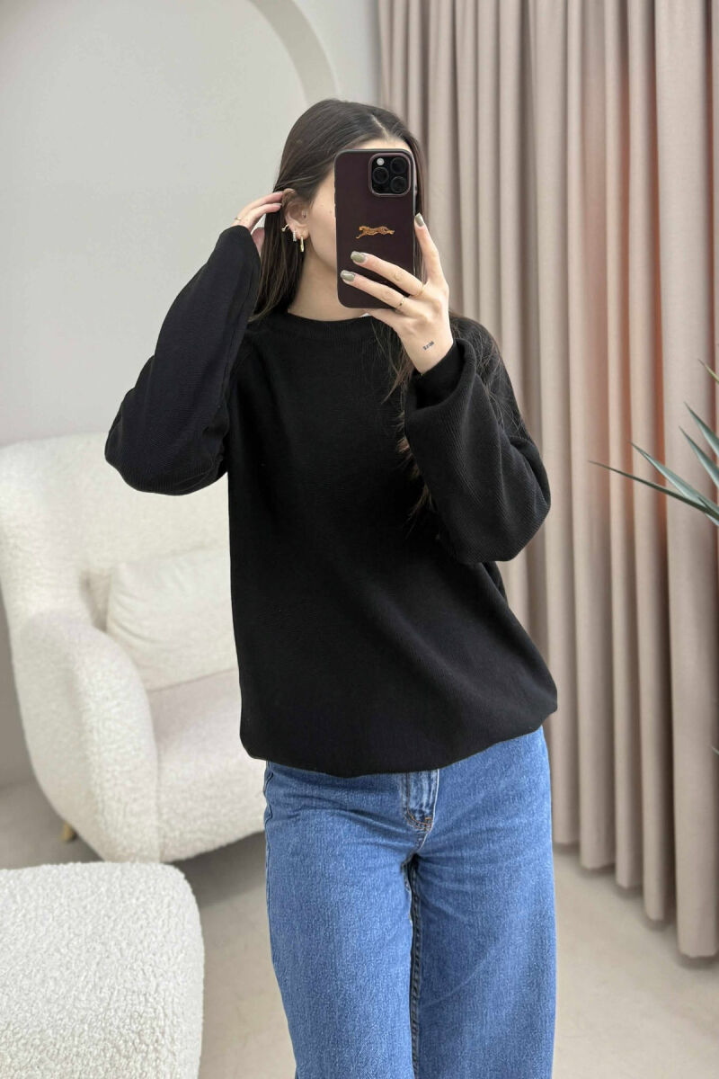 ONE COLOR ROUND NECK SIMPLE WOMEN SWEATER BLACK/ E ZEZE - 3