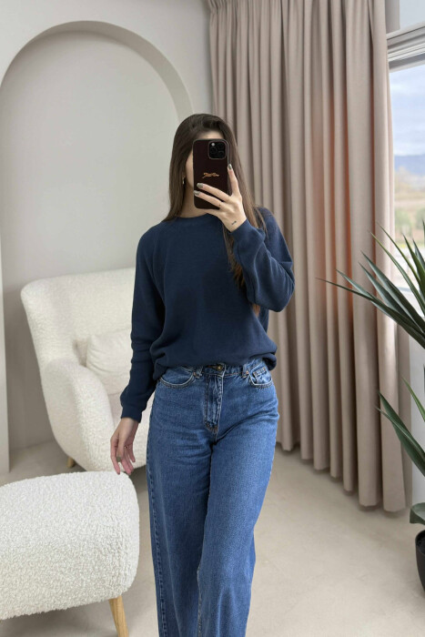 ONE COLOR ROUND NECK SIMPLE WOMEN SWEATER BLUE/BLU - 5