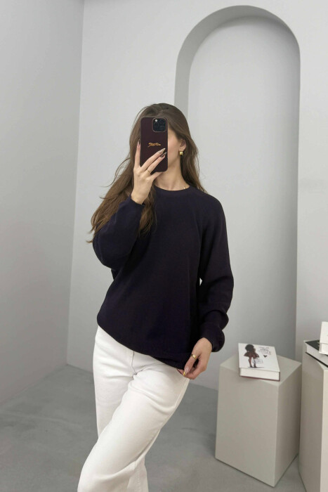 ONE COLOR ROUND NECK SIMPLE WOMEN SWEATER DARK PURPLE/LEJLA ERRET - 3