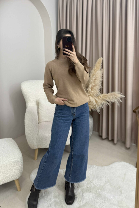 ONE COLOR ROUND NECK SIMPLE WOMEN SWEATER LIGHT BROWN/KAZB 