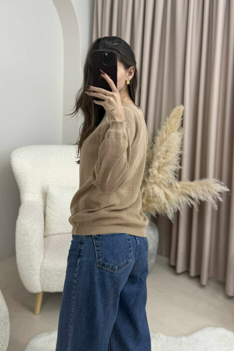 ONE COLOR ROUND NECK SIMPLE WOMEN SWEATER LIGHT BROWN/KAZB - 3