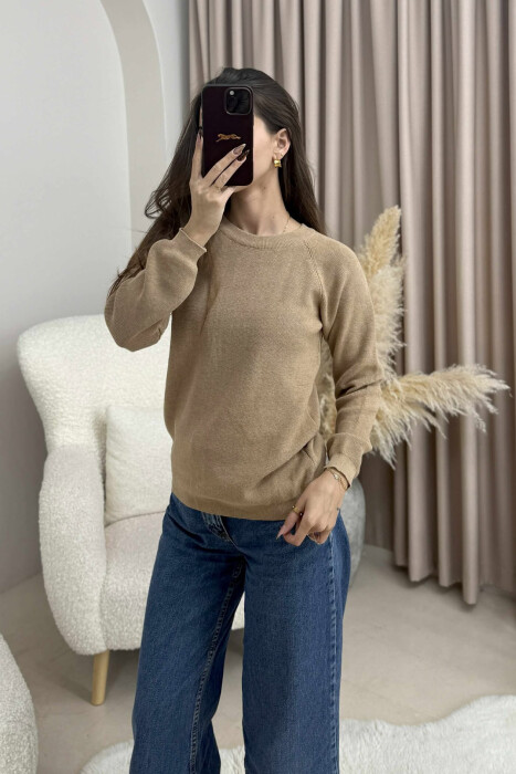 ONE COLOR ROUND NECK SIMPLE WOMEN SWEATER LIGHT BROWN/KAZB - 4